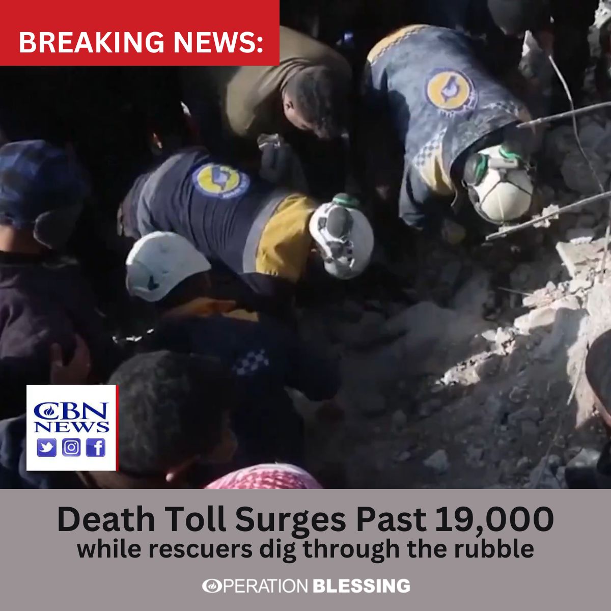 operationbless's tweet photo. BREAKING NEWS: Death toll in the #TurkeyEarthquake2023 surges past 19,000 while rescuers continue to dig through the rubble, rescuing as many as possible. Read the latest article by #CBNNews for more information.
https://t.co/y8kxDvS8zw
#OperationBlessing #CBN #JerusalemUpdate https://t.co/CRvMVluvEi