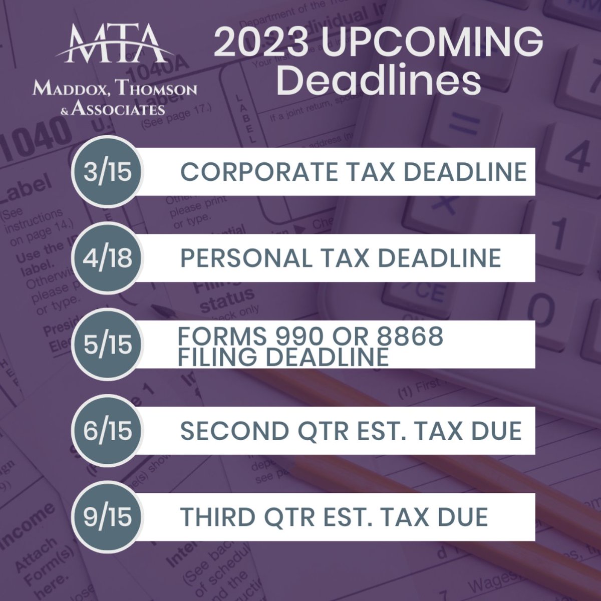 If you are looking for a professional consultation for your #2022taxreturn, reach out to us at buff.ly/3TbGAqY.

#businesstaxes #personaltaxes #corporatetaxdeadline #corporatetaxes #2022taxes #taxdeadline #cpa #accounting #accountant #maddoxthomson