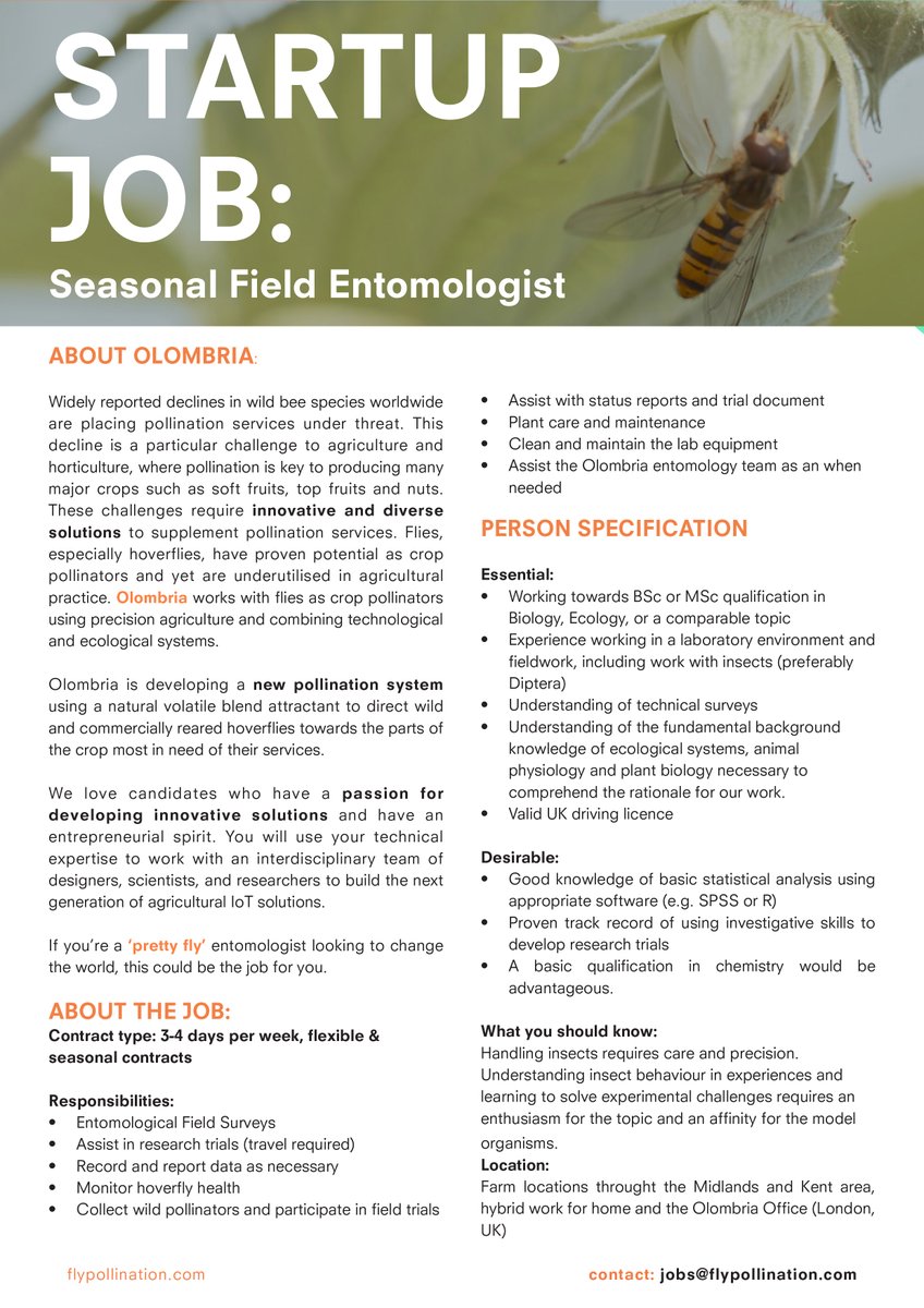 Olombria (@flypollination) on Twitter photo We're ‘buzzing' to announce an open position for a Seasonal Field #Entomologist! If you can pollinate our company with field surveys and #research trial experience, we’re waiting to hear from you. Fly across a message to our hiring team for more info! jobs@flypollination.com We're ‘buzzing' to announce an open position for a Seasonal Field #Entomologist! If you can pollinate our company with field surveys and #research trial experience, we’re waiting to hear from you. Fly across a message to our hiring team for more info! jobs@flypollination.com