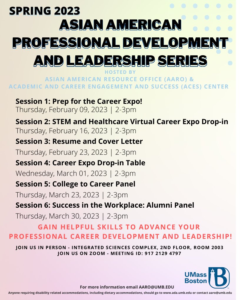 In anticipation of the Career Expo coming up later this semester, join the Asian American Professional Development and Leadership Series hosted by ARO &amp; ACES! Join them in person at the ISC 2 floor, room 2003 or via Zoom using Meeting ID: 917 2129 4797