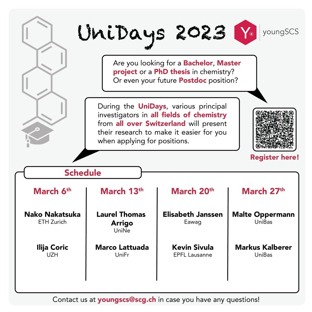 The UniDays are back!!!
If you are a young chemist looking for a semester project, a Ph.D., or a PostDoc position in Switzerland: join the UniDays!
Come listen to and discuss with PIs from various fields in chemistry! 👩🏻‍🔬

#UniDays2023