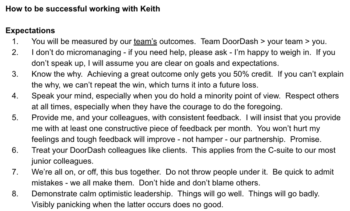 I don't say this often, but today's podcast episode with Keith Yandell is a must listen. Seriously, go listen to it.

Of the many lessons on leadership Keith shares from this time at <a href="/DoorDash/">DoorDash</a> and <a href="/Uber/">Uber</a>, one of my favorites is the power a simple doc like this can have on your org