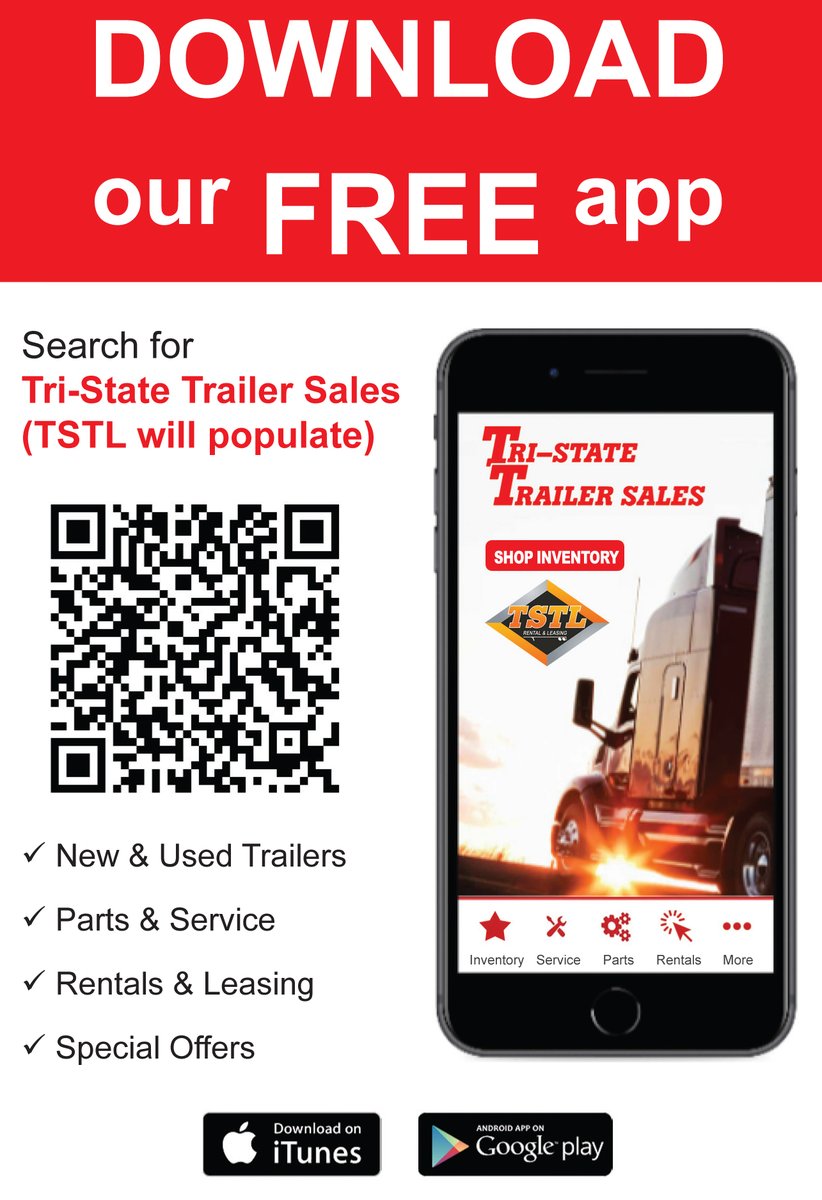 TrailersPGH's tweet photo. @tristatetrailer #trailersales #semitrailersales #semitrailerapp #semitrailerrepair 
In case you missed it! Tri-State Trailer Sales and TSTL Leasing is proud to INTRODUCE our COMPANY APP! Sales, Service, Parts and Leasing - ALL FROM AN APP! Scan the QR Code TODAY! https://t.co/k0Dc500YOn