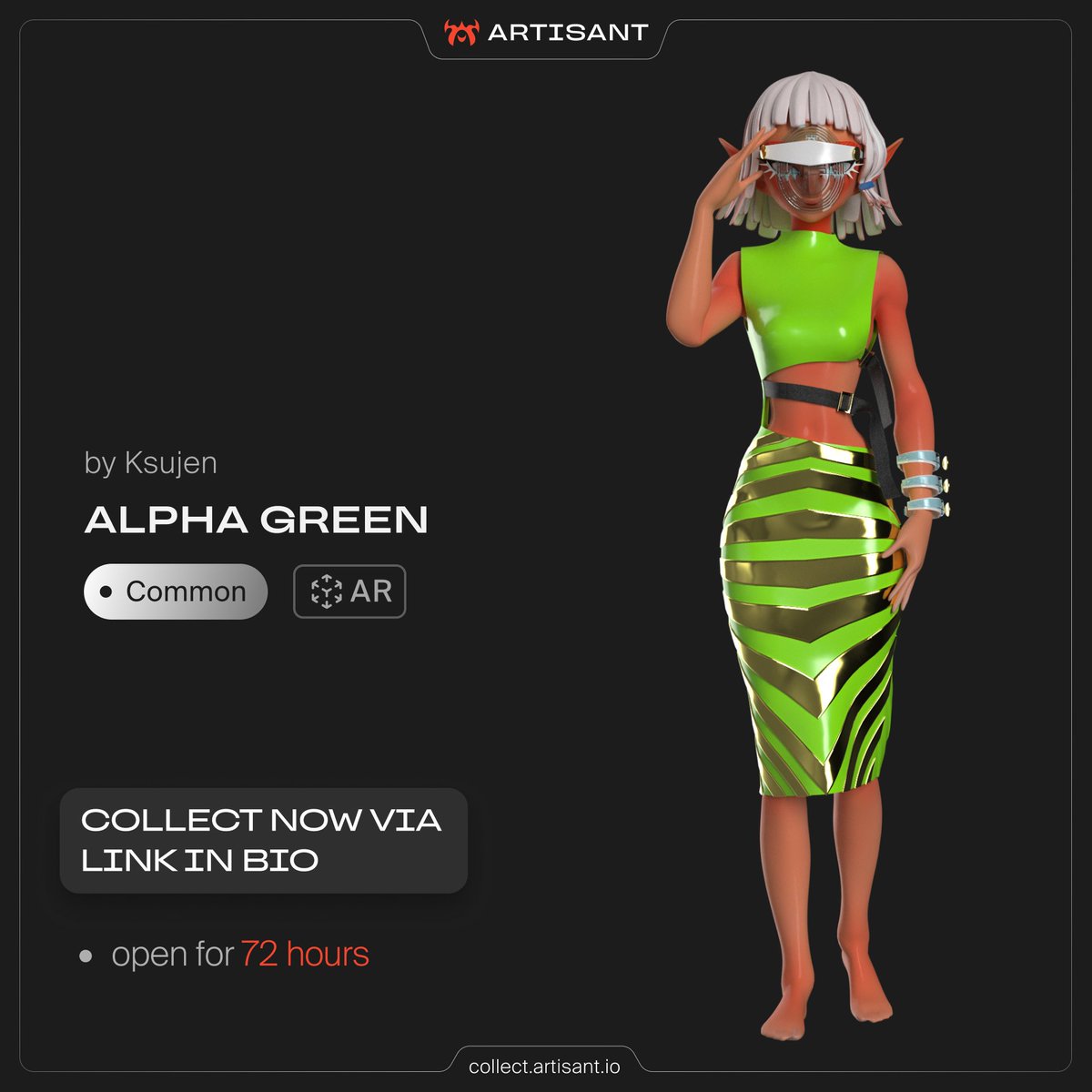 🥝 ALPHA GREEN by <a href="/Ksujen3D/">Ksujen</a>

The 3000s Fashion Dress is a digital freedom project with a vibrant cosmopolitan aesthetic for walking around the eco-city. Made from advanced materials with a trendy futuristic effect.

Cyber Glasses available in AR.

collect.artisant.io/products/102-a…