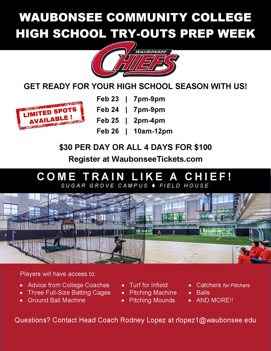 Waubonsee Chiefs Baseball (@wccbaseball) on Twitter photo HS Baseball Players, February 27th will be here before you know it. It's time to get dialed in. Come join us and get ready for your tryouts and season. waubonseetickets.universitytickets.com <a href="/RodneyLopezII/">Rodney Lopez II ⚾🐧🇺🇸</a> <a href="/IshamKen/">Ken Isham</a> <a href="/coachshaneomac/">Shane</a> <a href="/_CoachDJ_/">Coach DJ</a> <a href="/mfemia15/">Madison Femia</a> HS Baseball Players, February 27th will be here before you know it. It's time to get dialed in. Come join us and get ready for your tryouts and season. waubonseetickets.universitytickets.com <a href="/RodneyLopezII/">Rodney Lopez II ⚾🐧🇺🇸</a> <a href="/IshamKen/">Ken Isham</a> <a href="/coachshaneomac/">Shane</a> <a href="/_CoachDJ_/">Coach DJ</a> <a href="/mfemia15/">Madison Femia</a>