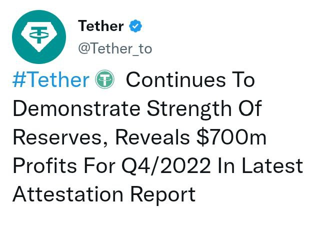 BREAKING 💥

#Tether made a whopping $700 million in profits in Q4 of 2022.

Do you think #USDT FUD will now end ❓

#CryptoNews #Crypto #BTC