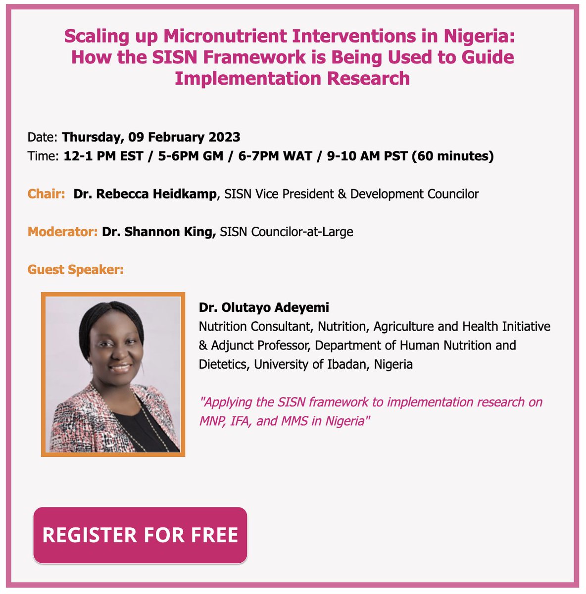 Implementnutri's tweet image. AND WE&apos;RE LIVE! Are you listening in? The webinar has begun ... SISN&apos;s Vice President, Rebecca Heidkamp is sharing how the  Nigeria MNP/MMS #Implementation Science Study aligns with the goals of SISN&apos;s new strategic plan. Join here: ow.ly/JrFr50MNKFo