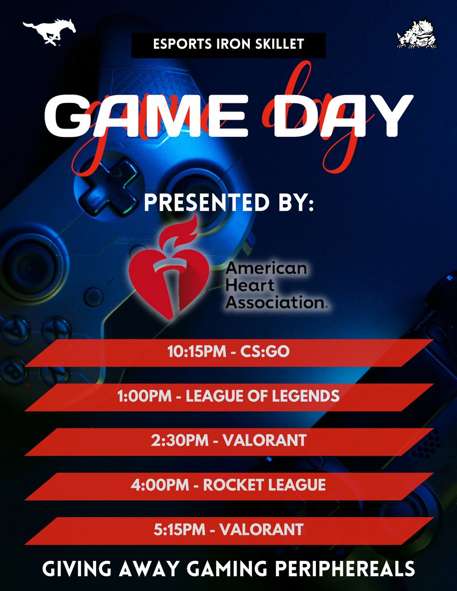 SMUEsports's tweet photo. IRON SKILLET - SMU vs TCU Schedule:

Watch as we defends our title in 5 matches vs. @TCUesports at Guildhall or at https://t.co/Sc9Ut1BBDh February 18th.

Cheer us on &amp; support the American Heart Association. We'll be reaching charity dono goals &amp; doing giveaways.⏰🫀 https://t.co/keSXU08C0F