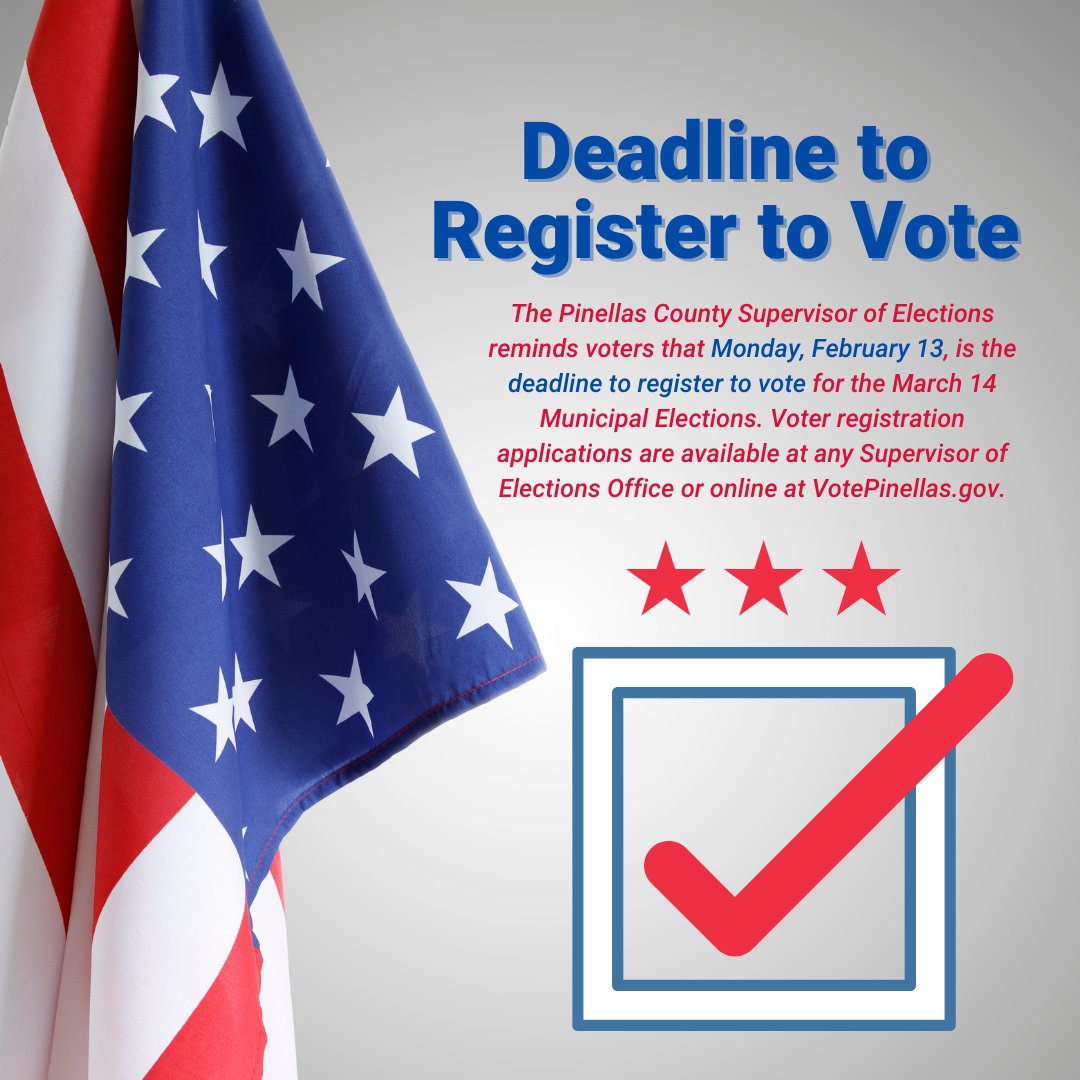 .@VotePinellas reminds voters that Monday, February 13, is the deadline to register to vote for the March 14 Municipal Elections in which #MyTreasureIsland will be conducting an election for District 1 Commissioner and two proposed City Charter amendments. 
(1/2)