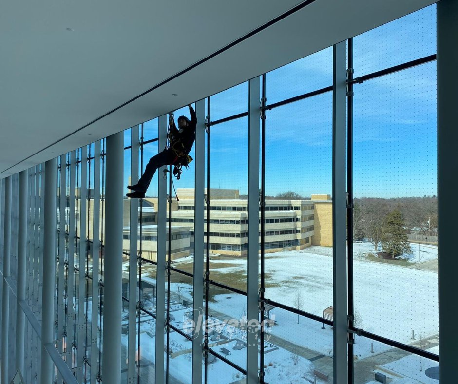 elevatedsafety's tweet photo. Can your fall protection system do this? Elevated Safety technicians performing an annual inspection on the @HarkenIND R27 Access Rail system in Madison, WI.

#fallprotection #fallpro #harken https://t.co/qUrNkEE4A6