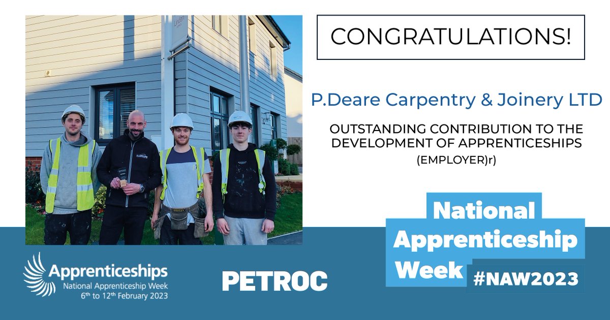 Petroc Apprenticeship Awards 2023!

We are delighted to announce the winner 🏆 of the Outstanding Contribution to the Development of Apprenticeships category is... P.Deare Carpentry &amp; Joinery LTD.

Congratulations!! 🎉 
￼
#NAW23