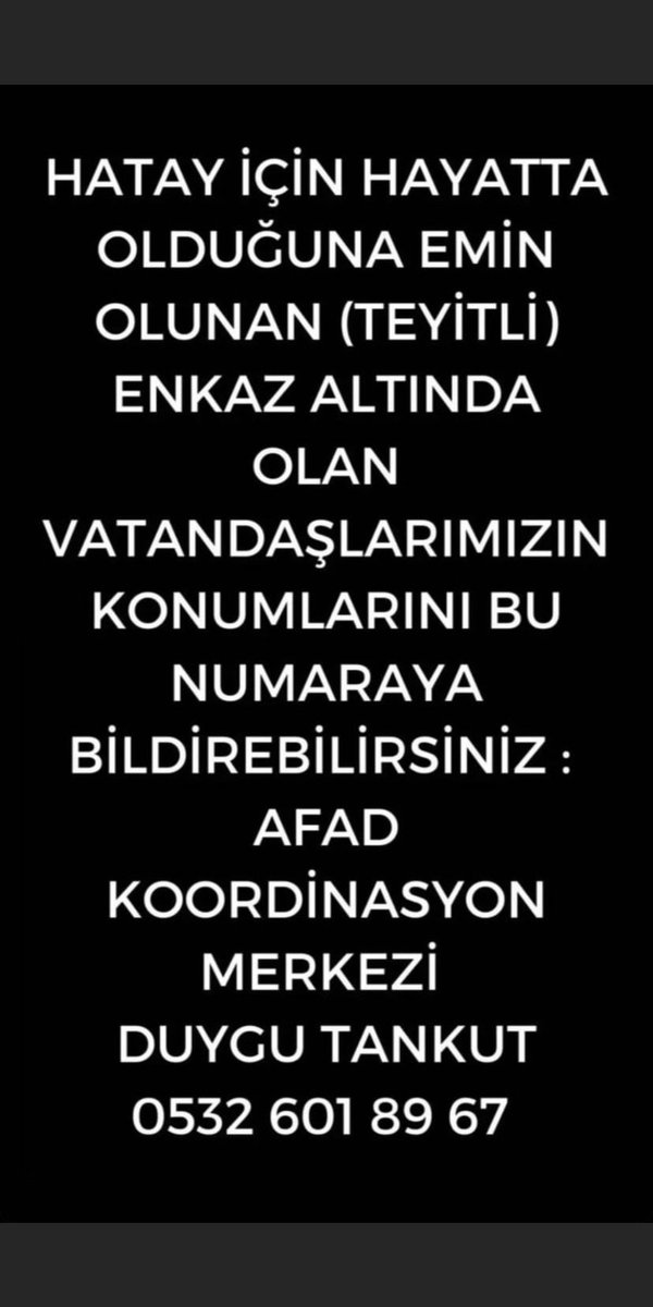 CANLAR ÇOK ÖNEMLİ BİLGİ
RT BUTONUNU KIRALIM LÜTFEN

#depremsondakika #AFAD #depremhatay #ahbap
#AFADhatay