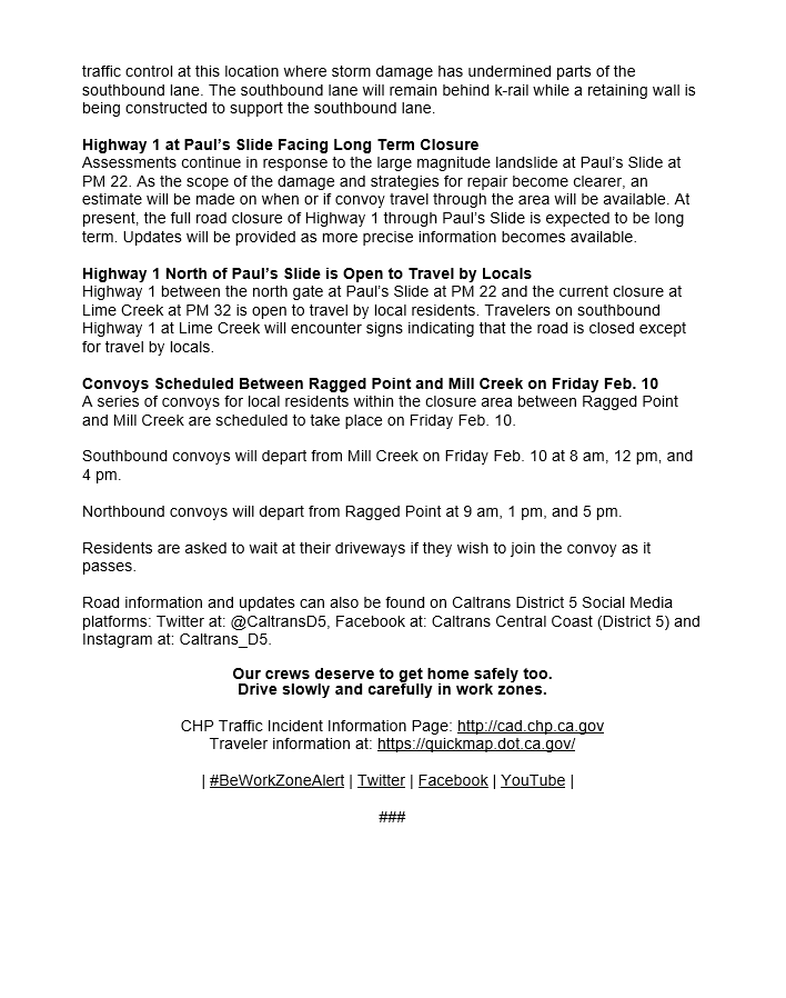 CaltransD5's tweet photo. REMINDER: Southern closure limit of #Hwy1 moved to #RaggedPoint. Convoys scheduled for Friday. #BigSur #MontereyCounty https://t.co/eei14avGRW