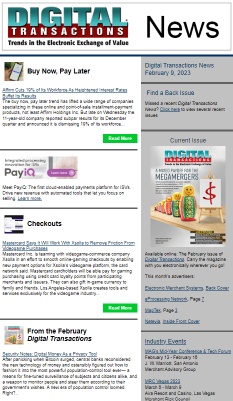 DTPaymentNews's tweet photo. Today’s Digital Transactions News: Affirm Lays Off 19%; Mastercard Says Game on with Xsolla; BofA’s 608 Patents in 2022
https://t.co/pmuWXKa9Zs
#payments #BNPL #POSfinancing #layoffs #videogamecommerce #paywithpoints #patents #financialservices #videogames https://t.co/I29O9QhVjv