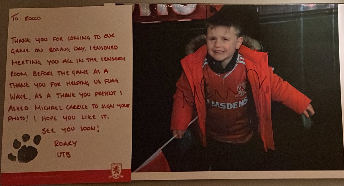 Huge thanks @liamlong2 @carras16 @Boro for this great signed photo memory from Rocco’s first ever match. #UTB #fanforlife