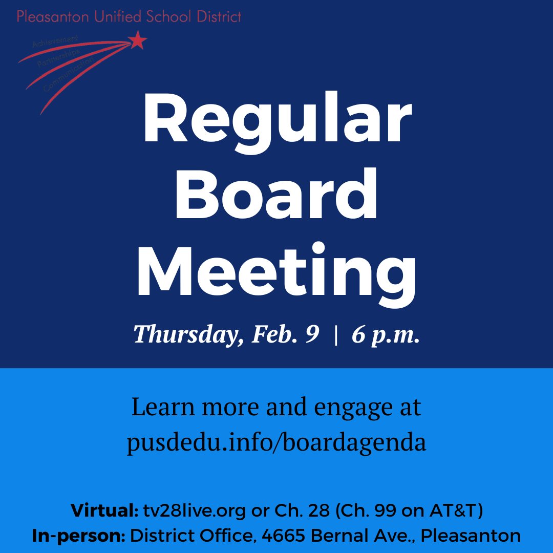 PleasantonUSD's tweet image. Please join us tonight at 6 p.m. for our #PUSDedu Regular Board Meeting! View the agenda at pusdedu.info/boardagenda. Watch in person at our district office, 4665 Bernal Ave, or stream live at tv28live.org.