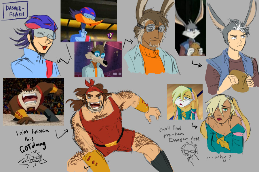 Dasher_Flash's tweet photo. Did what I do best: Gijinkas!

Rev and Danger got to look human but that's bc I haven't figured out how to implement bird features on the face yet
#loonatics #acebunny #lexibunny #dangerduck #slamtasmanian #techecoyote #revroadrunner https://t.co/s32eGjYY7I