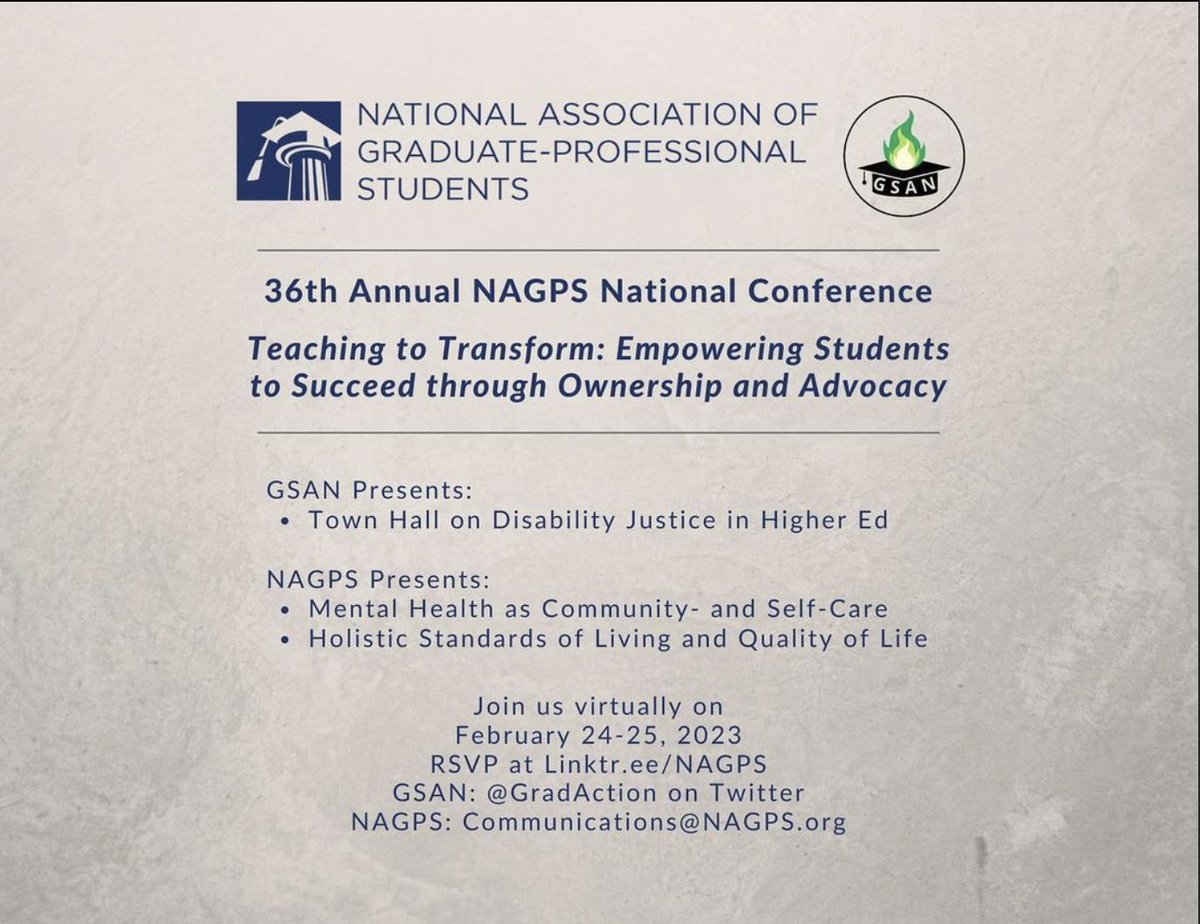 NAGPS's tweet photo. The clock is ticking! NAGPS cordially invites you to join us on February 24-25, 2023 for the 36th Annual NAGPS National Conference, presented in collaboration with the Graduate Student Action Network (GSAN). 
For RVSP: https://t.co/eS5kjk92G7 
#NAGPS #GSAN #conference https://t.co/ORKlBJzdrN