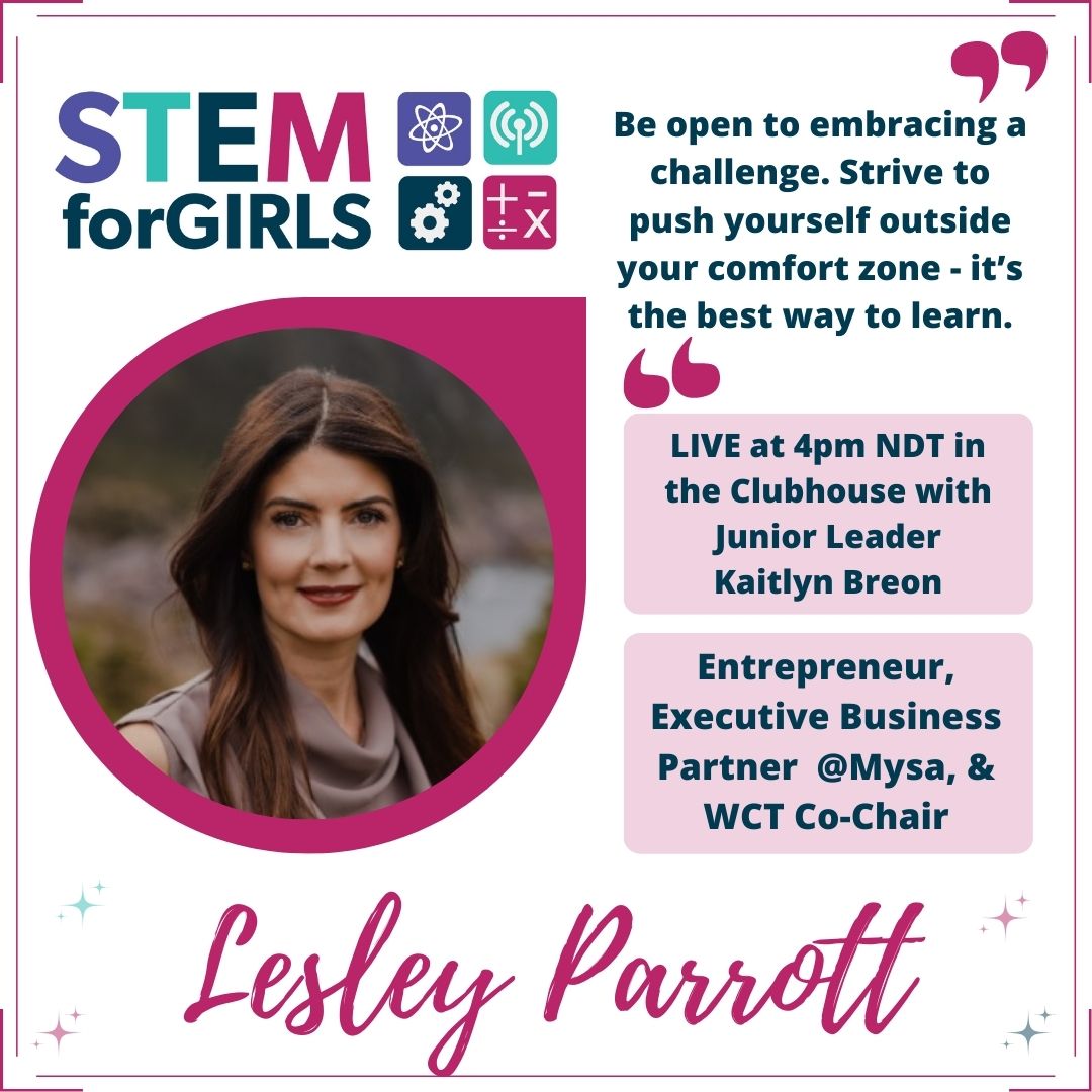 WCTAtlantic's tweet photo. Live in the Clubhouse TODAY (February 9th) at 4pm NDT - Junior Leader Kaitlyn Breon will be interviewing Lesley Parrott to learn about her career journey into becoming an entrepreneur in the booming tech sector. https://t.co/9ot06uHP4T
