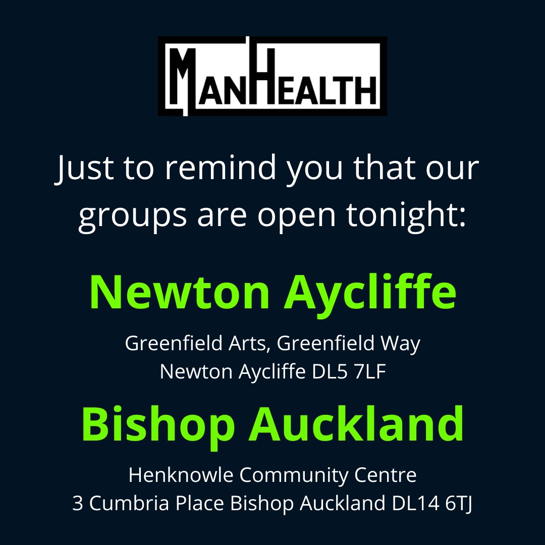 How is your week going? If you want to get something off your chest, come along to one of our free peer support groups this evening. 6-8 pm in #BishopAuckland & #NewtonAycliffe 
At #ManHealth we always take #TimeToListen #timetotalk #MentalHealth ow.ly/4fqY50MGbpW