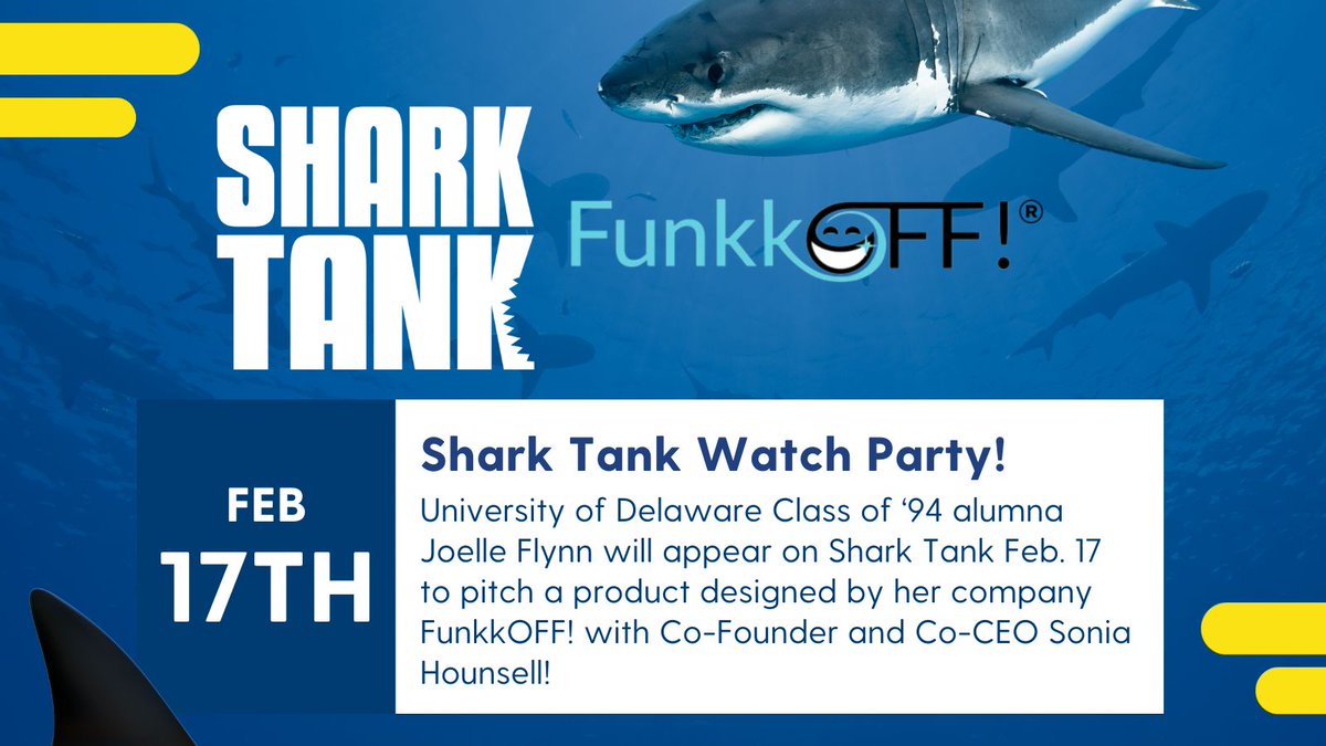 We are excited to announce that #udel alum Joelle Flynn, creator of <a href="/FunkkOFF_/">FunkkOFF!</a> , will appear on <a href="/SharkTankABC/">InTheSharkTank.com</a>  this FEBRUARY 17TH!! 🦈🌟 #Delaware #Entrepreneurship