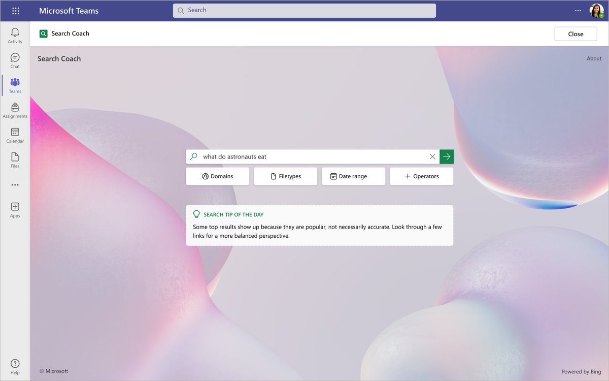mtholfsen's tweet photo. NEW! Search Coach 🔍 is available for all #MicrosoftTeams EDU users (free) in 38 langs. A search engine w/ training wheels 🚲 We have a new MS Learn course, a product page &amp; lesson plans. Search Progress coming in spring!

Blog 👉 https://t.co/2OJ2jkdlQK

#edtech #MIEExpert https://t.co/bUWmTDgxbn