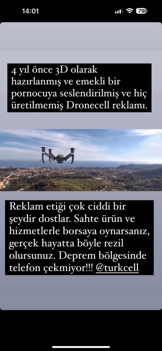 Dronecell diyodun,insallah ihtiyac olmaz diyordun.Oldu iste oldu,haydi cik ortaya,animasyon reklam yapmayi biliyordun,vaat ettin gerceklestir!!! <a href="/Turkcell/">TURKCELL</a>