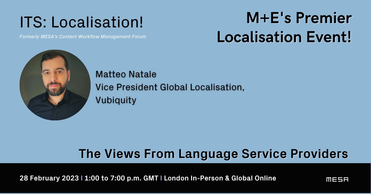 VUBIQUITY's tweet photo. Matteo Natale, VP Global Localisation at #VUBIQUITY, will be speaking at @MESAlliance's ITS: Localisation event on Feb 28 in London. 

We hope to see you in London! Register here: https://t.co/rgsypNQtAe

#Localization #Language #Services #Dubbing #VoiceOver #Tech #Media https://t.co/jXdqfvtHzZ