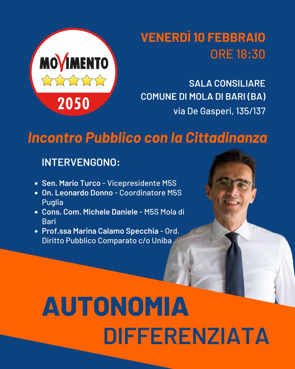 📍Domani a #MolaDiBari parleremo di #autonomiadifferenziata e azioni messe in campo dal @Mov5Stelle a salvaguardia di #unitànazionale e regioni più fragili