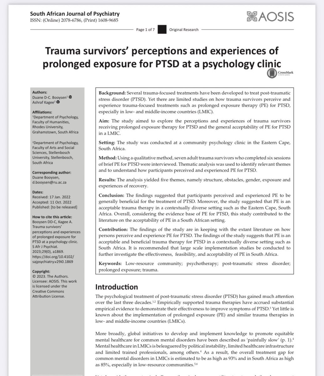 This one coming soon! Slowly but surely adding to the literature on PE for PTSD in South Africa - Disseminating and Implementing PE in LMIC #ProlongedExposure #CBTworks #PTSD #ImpSci