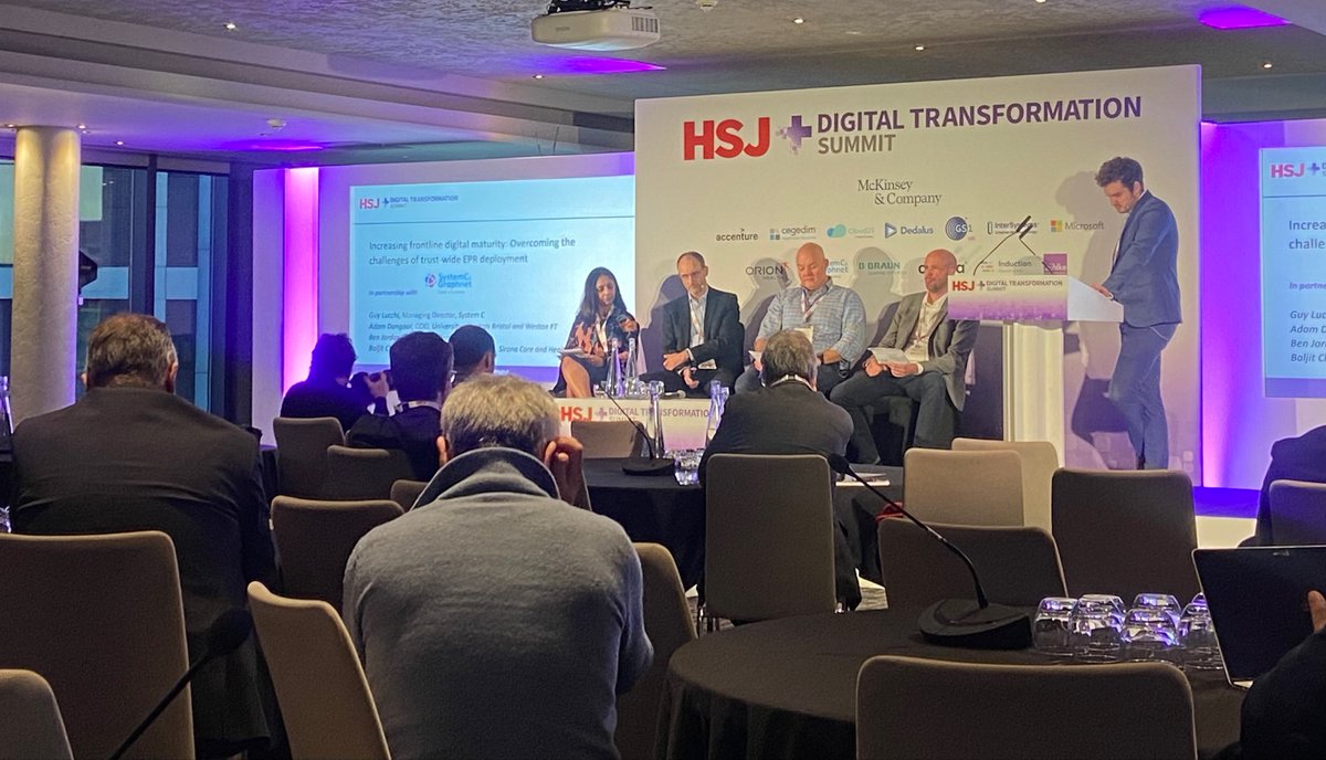 #HSJDigital - Heading into the last session of Day 1 in partnership with @System_C & @GraphnetHealth on how overcoming the challenges of trust-wide EPR deployment can increase frontline digital maturity. Panellists @DrAdamDangoor @benjordan60 @baljitchalal, Bljit Chahal