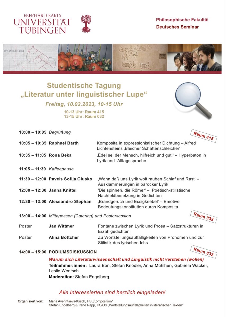 Morgen findet an der <a href="/uni_tue/">Universität Tübingen</a> die studentische Tagung "Literatur unter linguistischer Lupe" statt - und ich halte dort zum ersten Mal einen Tagungsvortrag! ☺️ 

Ich freue mich auf die Erfahrung und die vielfältigen Beiträge!