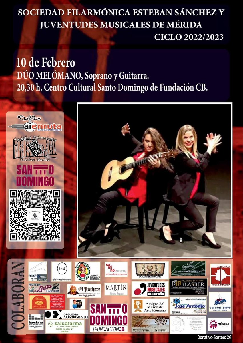 🎶 Mañana viernes 10 de febrero, a las 20:30h, el Centro Cultural Santo Domingo acoge un concierto del Dúo Melómano compuesto por Marta Heras (soprano) y Sara Guerrero (guitarra) que interpretarán música española de L. Palomo, F. García Lorca, M. de Falla y G. Tarragó