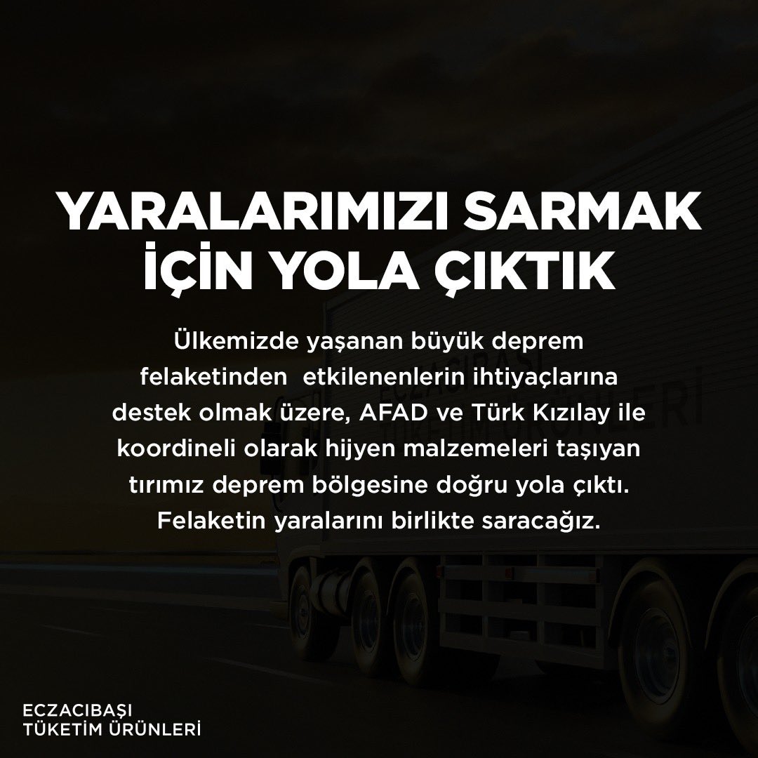 Ülkemizde yaşanan büyük deprem felaketinden etkilenenlerin ihtiyaçlarına destek olmak üzere, AFAD ve Türk Kızılay ile koordineli olarak hijyen malzemeleri taşıyan tırımız deprem bölgesine doğru yola çıktı. Felaketin yaralarını birlikte saracağız.