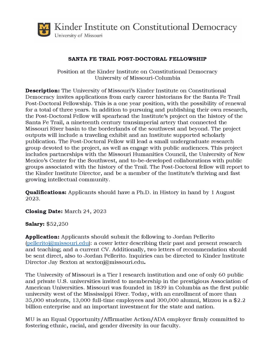 **US History Postdocs** - please help spread the word. Mizzou is running searches for two postdoc positions: The first is for an exciting new research & public history project on the Santa Fe Trail @TruettSamuel @WhaHistory @WHAGrads @PCB_AHA @The_OAH
