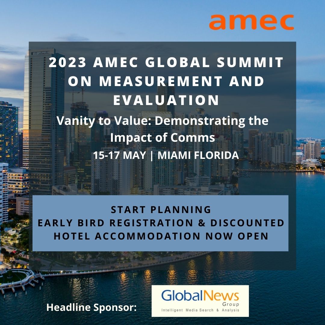 Don't miss the 2023 #amecsummit in Miami, May 15-17! Learn from top industry leaders & discover the latest in #mediaintelligence, #comms trends & #analytics. Early bird registration & discounted hotel accommodation now open #VanitytoValue bit.ly/3DQqoGr