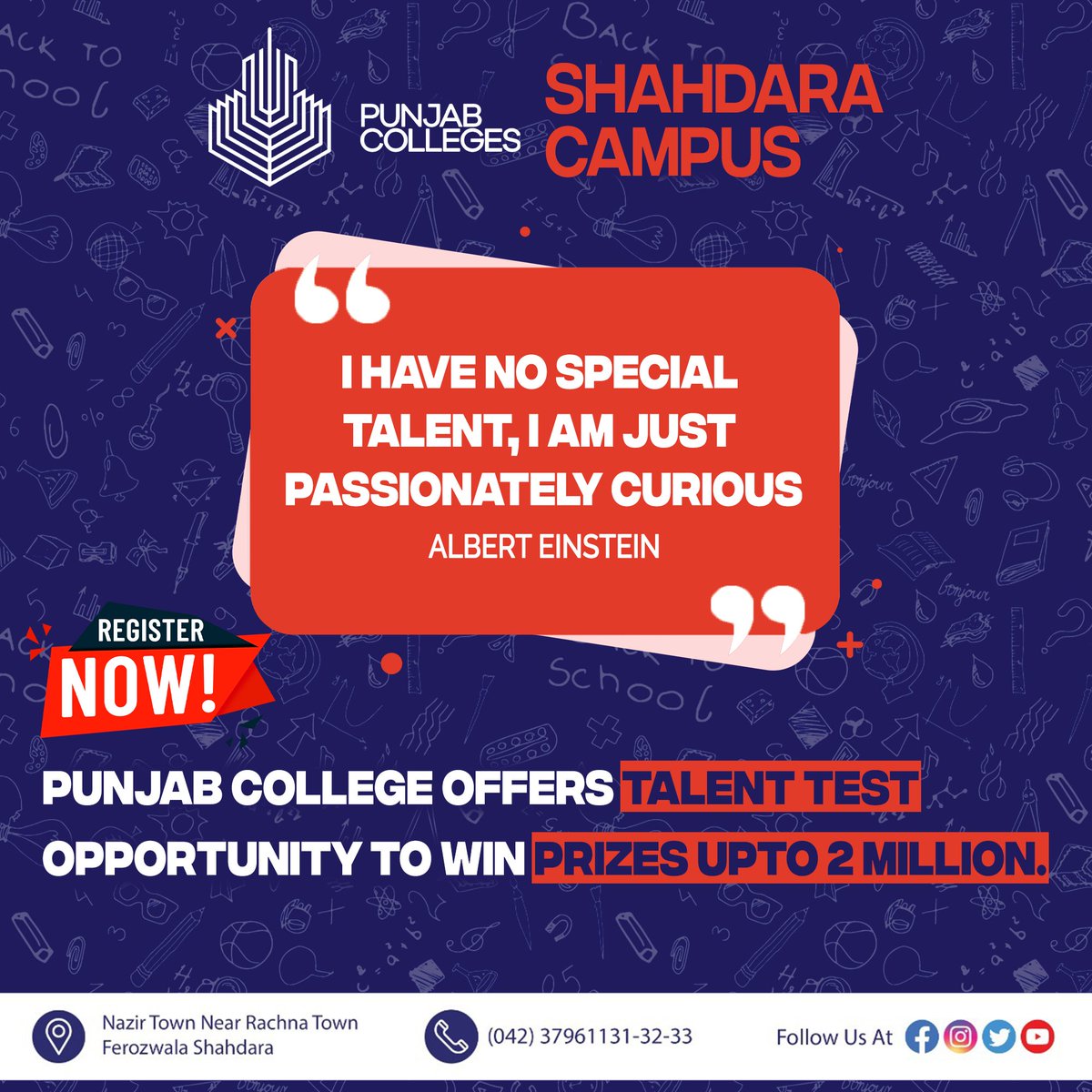 PGC_SHAHDARA's tweet photo. Punjab College shahdara Offers Talent Test.
Opportunity to win prizes upto 2 million.
Test date 26 February 2023
#pgcshahdara
#punjabcollegeshahdara
#pgcworld #punjab_college_shahdra_campus
#talentTest
#punjabcolleges https://t.co/xBhApk6dE9
