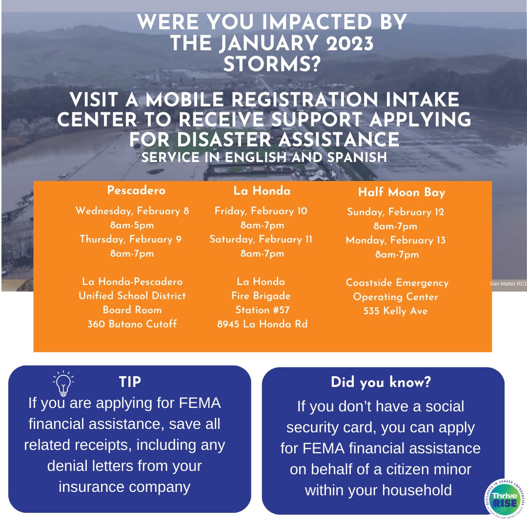 If you were impacted by storms, you can visit a mobile registration intake center to receive support applying for disaster assistance. Si fue impactado por las tormentas de enero, puede visitar un centro movil de registro FEMA para recibir ayuda con su solicitud de asistencia.