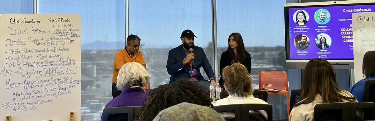 KevinKWang's tweet photo. Day 2 of @InfyFoundation #infyxroads  panel on innovative industry partnerships for equitable CS pathway &amp; pockets of workforce development that needs more investment with @avarma99 of @Infosys, Carlos Vazquez of @MiamiEdTech, @JennSanchezMPA of @intel, and @boxvidal of @Google. https://t.co/geL4gsKqFV