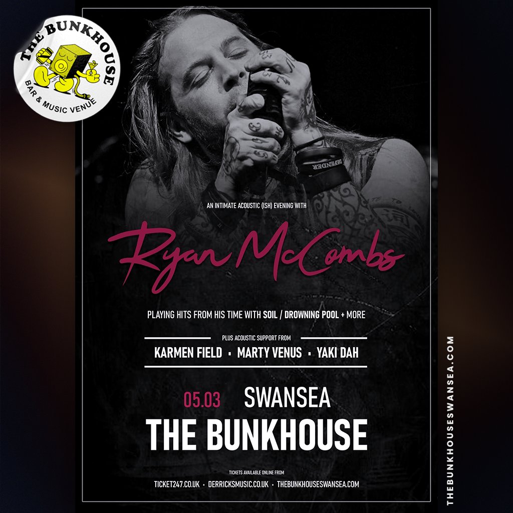 TheBunkhouseSA1's tweet photo. 📅 SUN 05 MARCH!⇩
The legendary @RyanMcCombs returns to The Bunkhouse!🎸

'Stripped bare' is an intimate show - hear Ryan's road tales, favourite covers + songs by #Soil #DrowningPool &amp; more.

+ Special guests:
Karmen Field
@MartyVenus
YAKI DAH

🎟️ £13 ⇨ https://t.co/zUdNbiI4nL https://t.co/84cLTvQndL