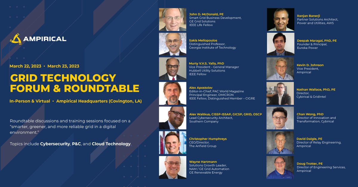 Ampirical's tweet photo. We are pleased to announce our presenter lineup for the 2023 Grid Technology Forum and Roundtable on March 22-23! This FREE onsite/virtual event will bring together #power industry professionals to discuss the future of the #grid.

Register here: https://t.co/f68xmafUqs https://t.co/AwvNnSiIC8