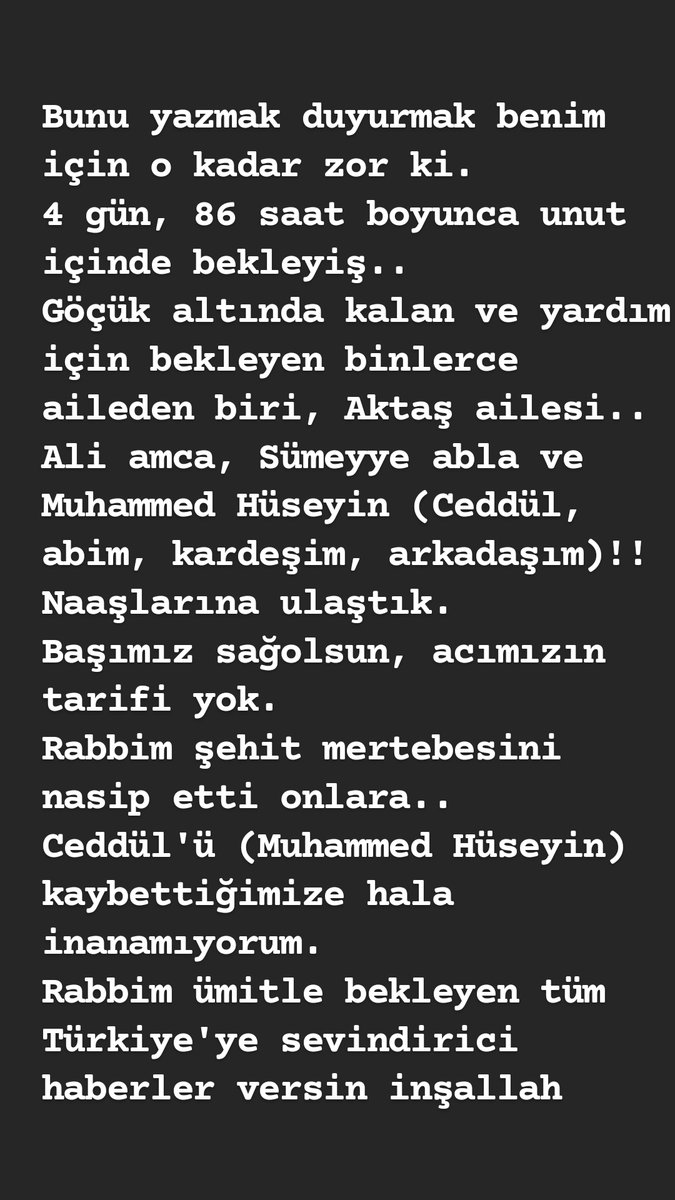 Merikizz's tweet photo. Allahım sen sabır ver.. 
4 gün bekleyiş sona erdi, arkadaşımı ve ailesini kurtaramadık.
Daha erken müdahale edilseydi kurtarılır mıydı acaba? 
Hep bu vicdanla yaşayacağım.. 
Mekanın cennet olsun Ceddül Reis🤲🏻 #onikisubat #MARAS #AFAD #kahramanmarasdepremi #yardım #DepremDairesi https://t.co/IRyuwVXIqa