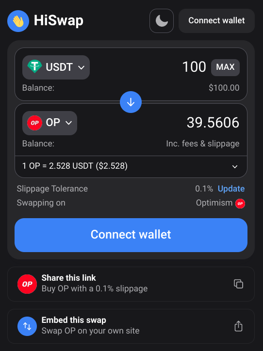 0xCommunityDAO's tweet photo. Say 👋 to our latest grantee @HiSwap_one, the frenliest embeddable swap on @optimismFND (✨🔴_🔴✨) 

@HiSwap_one lives on a d/app or game website as an Intercom-style popup and can be lightly customised to match branding

Get your swap on →https://t.co/lN3qxgb8vj https://t.co/EE9BYEdyb8