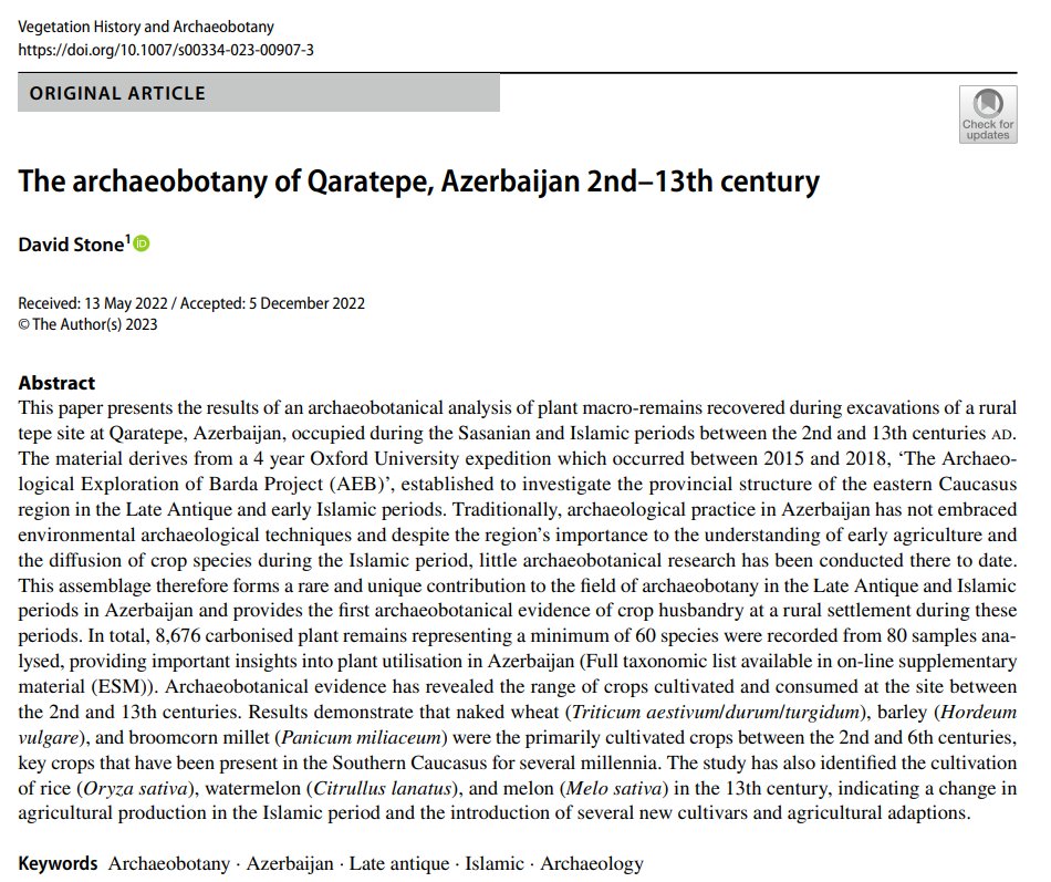 DS_tone's tweet photo. Delighted to publish my 1st paper based on my Ph.D. research...'The archaeobotany of Qaratepe, Azerbaijan 2nd–13th century'

Available at:
https://t.co/XKVxA8x57P

Thanks to all funders &amp; the AEB project for your support!

@ucdarchaeology @ucddublin @ucdsocscilaw
 @IrishResearch https://t.co/heNw1dnkUW