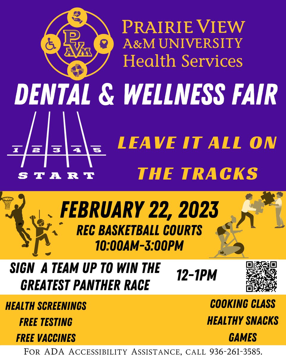 PVHealthService's tweet photo. LEAVE IT ALL ON THE TRACKS

Come out to Health Services Dental and Wellness Fair!

Sign up in teams to win the Greatest Panther Race
Use QR code https://t.co/qo3vYlYy9S