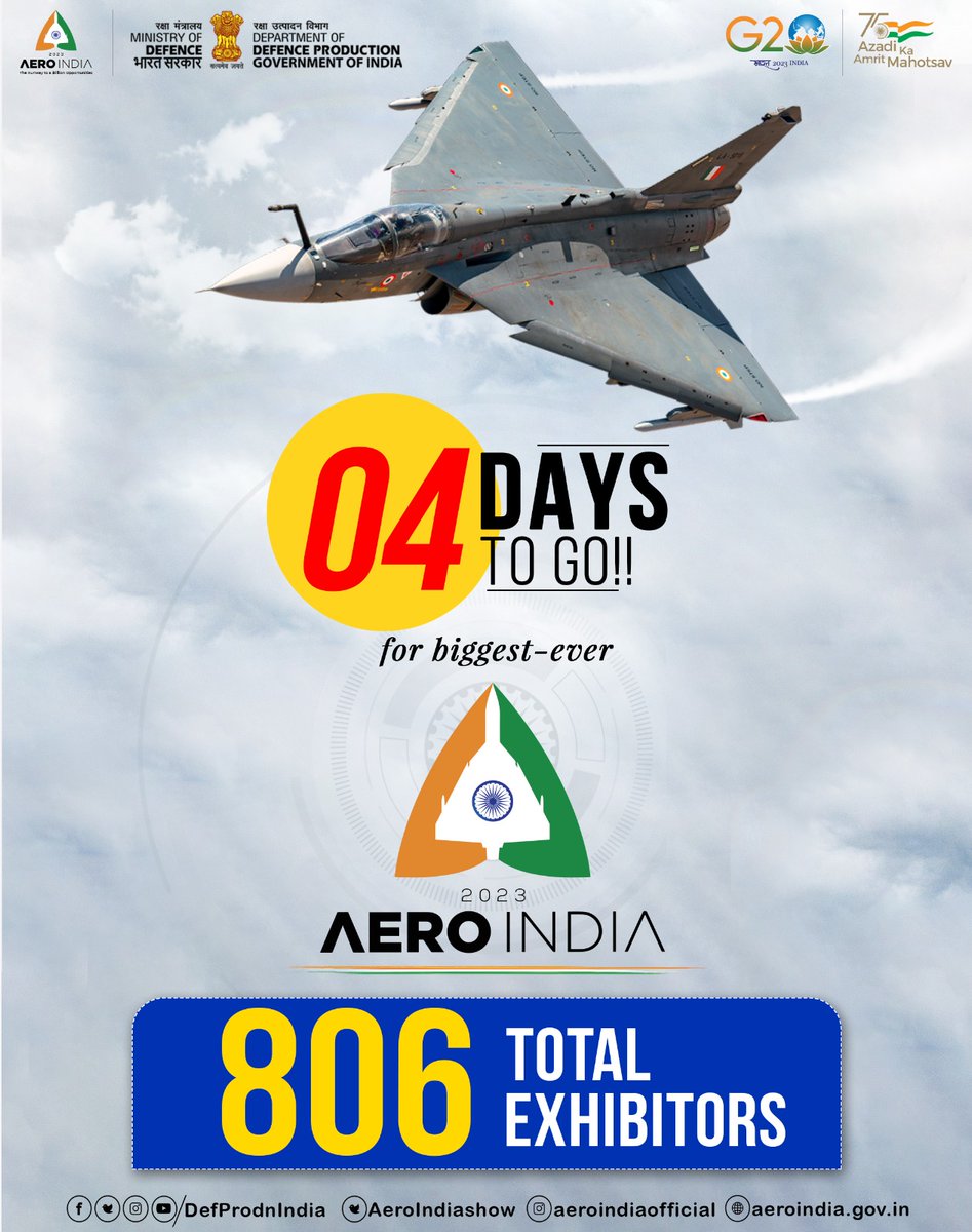 AeroIndiashow's tweet image. The Countdown is on!
For the biggest-ever #AeroIndiaShow with participation of 𝟖𝟎𝟔 𝐫𝐞𝐠𝐢𝐬𝐭𝐞𝐫𝐞𝐝 𝐞𝐱𝐡𝐢𝐛𝐢𝐭𝐨𝐫𝐬,more than 80 countries and 70 CEOs of global &amp;amp; Indian OEMs.
Get ready to witness the Air Show Yelahanka station,#Bengaluru Karnataka🗓️13th-17th Feb 2023