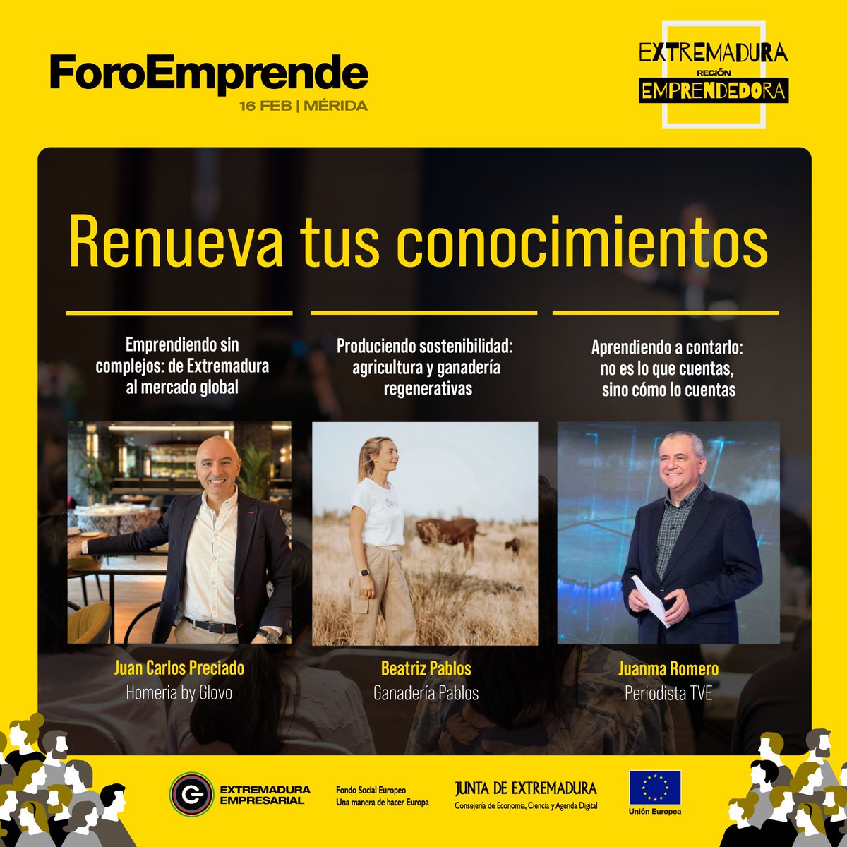👉 Inscríbete y ven a #ForoEmprende. Participa en nuestros talleres:
✅ Comunicar tu negocio con éxito
✅ Empresas sostenibles
✅ De Extremadura al mercado global
💥 ¡Súmate y renueva tu energía! 
🗓 16 de febrero. Palacio de Congresos de Mérida
foroemprendeextremadura.com/inscripcion/