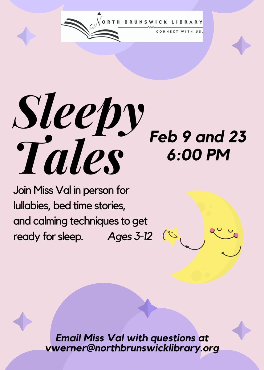 Tonight at 6:00PM, ages 3-12 are invited to Sleepy Tales inside the library! Any questions, please email children's librarian Miss Val at vwerner@northbrunswicklibrary.org. #storytime #storytelling #childrensliterature #northbrunswicklibrary