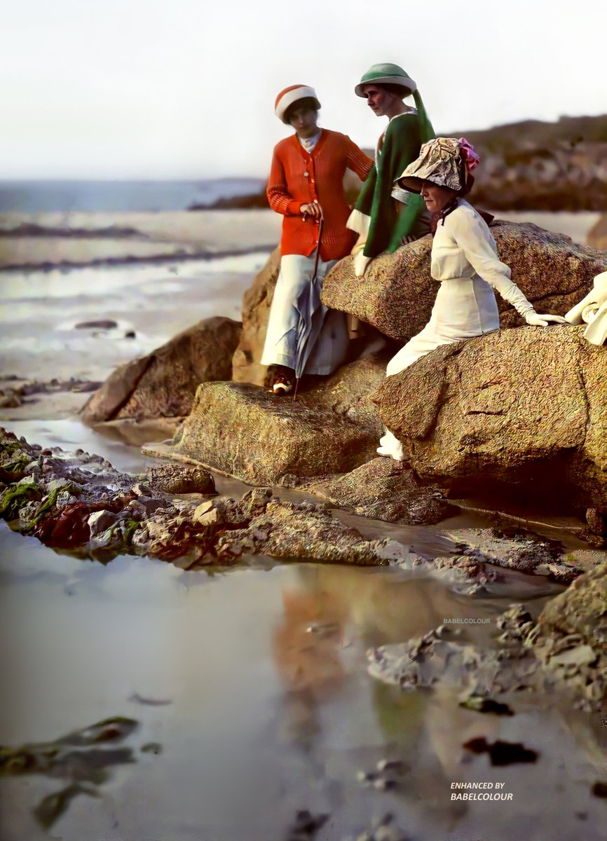 Travel back to the shores of northern France 113 years ago. I have cleaned-up this autochrome by Gustave Gain, showing his wife Adeline and her strikingly-hatted companions in 1910. It is original colour, not colourised.