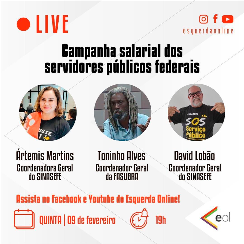 SINDTTAEUFTM's tweet photo. CAMPANHA SALARIAL DOS SERVIDORES PÚBLICOS FEDERAIS

Live sobre a campanha salarial dos servidores públicos federais - Ártemis Martins, Coord.Geral SINASEFE, Toninho Alves, Coord.Geral FASUBRA, e  David Lobão, Coord.Geral do SINASEFE. 9/2-19h  facebook e youtube Esquerda Online! https://t.co/Z6sgy0RJtC